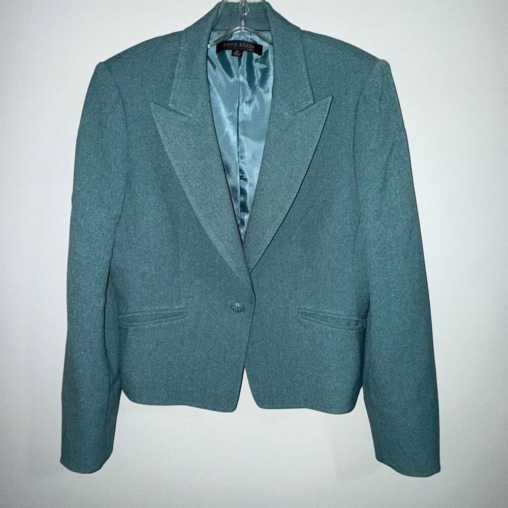 Vintage Anne Klein 8P‎ Seafoam Green Cropped Blazer Jacket Y2K Wide Lapel Single